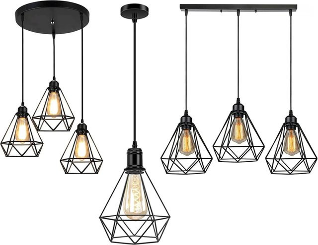 JOYINLED Vintage Industrieller Cluster 3-Kopf Kronleuchter in Schwarz, Rechteckige Decken-Pendelleuchte aus Metall mit E27 Fassung für Flure - Bild 1