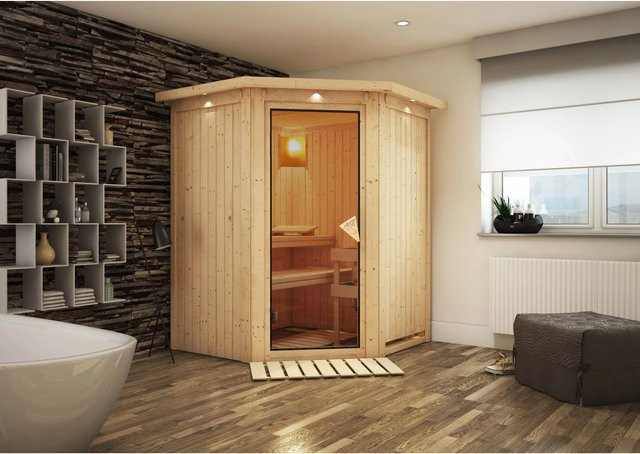 Karibu Sauna Lyra mit LED-Dachkranz aus Fichte und Espenholz in Natur/Braun, B/T/H: 202 x 165 x 165 cm - Bild 1