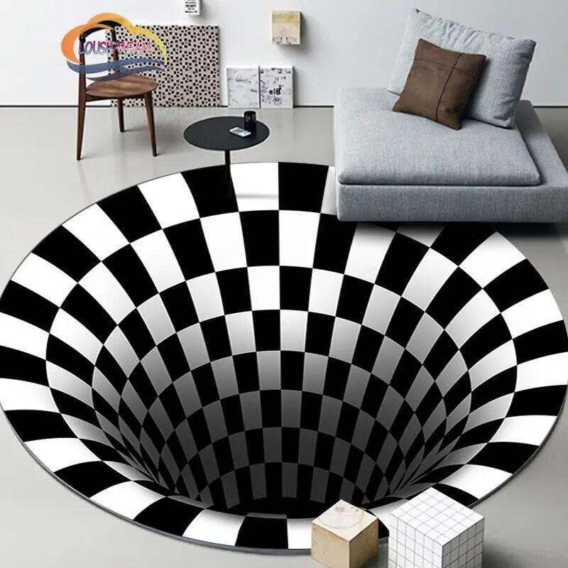 Magic Zhu 3D-Illusions Teppich in Schwarz-Weiß, runder psychedelischer Bodenmatte aus Polyester, Durchmesser: 100 cm - Bild 2