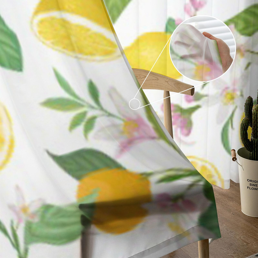 Binchi Outdoor Equipment Transparente Chiffon-Fenstervorhänge mit tropischem Zitronen- und Blumenmuster, B/H: 135 x 137 cm - Bild 2