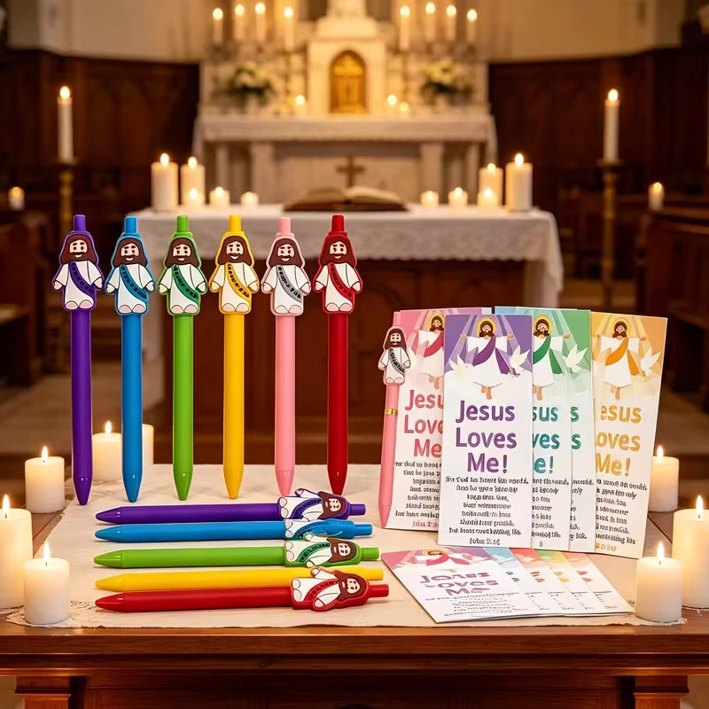 Set aus christlichen Kugelschreibern für Ostern und Weihnachten mit Jesus liebt dich Grußkarte und goldfarbenem Krawattenbinder, mehrfarbig - Bild 3