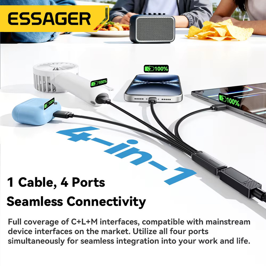 Essager 4-in-1 Mehrfach-Ladekabel mit USB-C, Micro-USB und Lightning in Schwarz - Bild 2