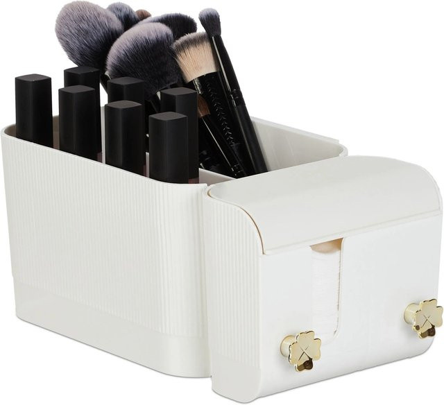 Relaxdays Kosmetik Organizer aus Kunststoff in Weiß und Gold mit 4 Fächern zur Wandmontage, B/T/H: 24 x 10 x 12,5 cm - Bild 1