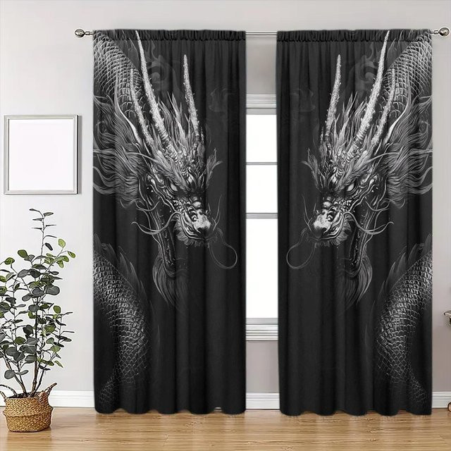 2er-Set bedruckte Vorhänge Erwachen und Flug des Drachen in Schwarz von Household supplies MH, B/H: 132 x 213 cm - Bild 1