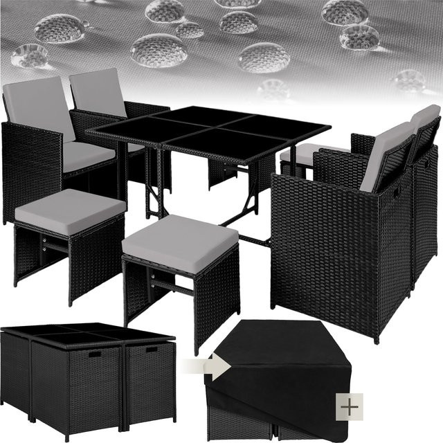 tectake Rattan Sitzgruppe Bilbao für 4 bis 8 Personen in Schwarz Grau mit Polstern und Schutzhülle - Bild 1