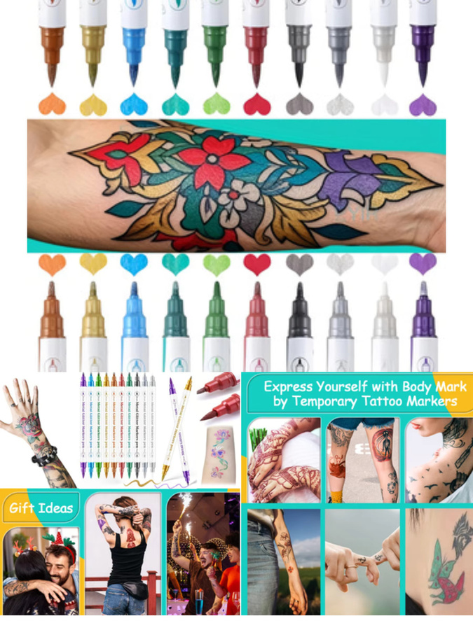 EYIR Tattoo-Stifte Set, 10 Doppelspitzen-Marker, 114 Schablonen, Schmetterlingsaufkleber - Bild 4
