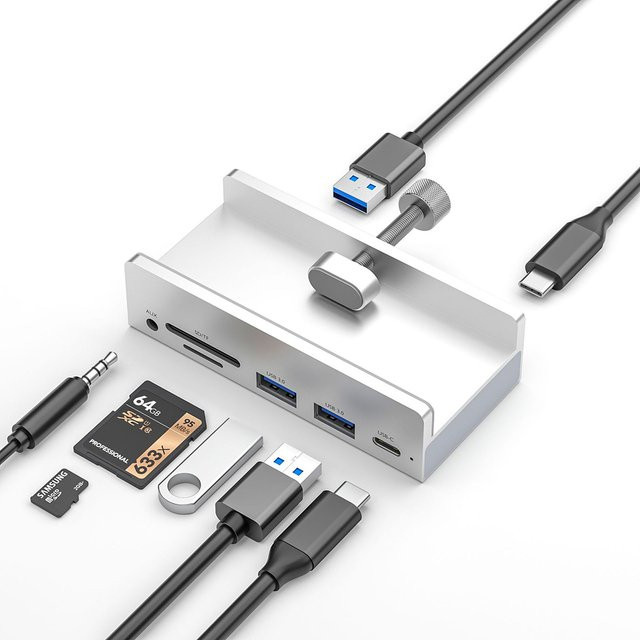 OULLX USB-C Dockingstation Schreibtischhalterung mit 3,5 mm AUX-Anschluss und Micro SD Kartenleser in Schwarz und Silber - Bild 1