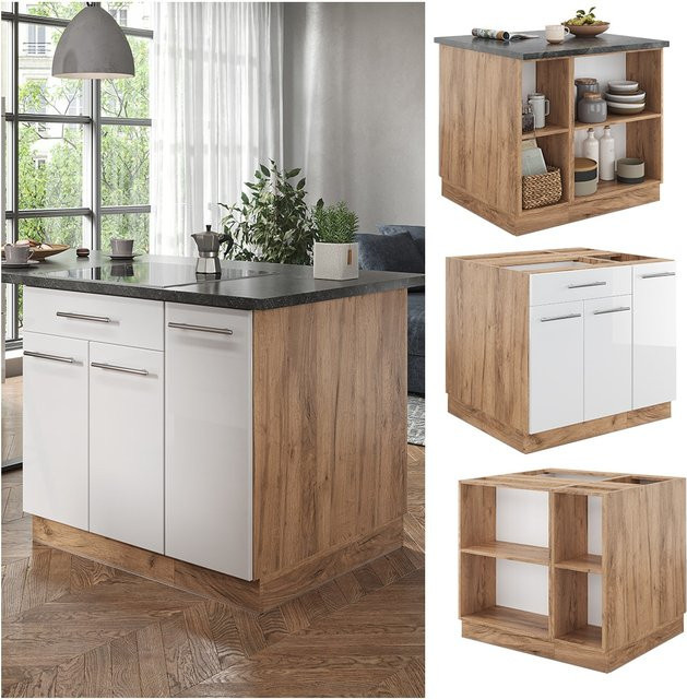 Vicco Kücheninsel Fame-Line Küchenblock in Eiche und Weiß, moderne Hochglanz Einbauküche mit Softclose-Scharnieren, Breite: 90 cm - Bild 1