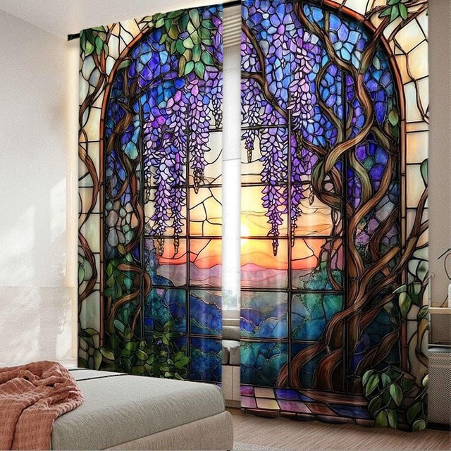 Tonnika Chen Buntglas-Wisteria-Blumen-Vorhang Set aus 2 Stück aus Polyester, Multicolor, B: 100 cm, H: 70 cm - Bild 1