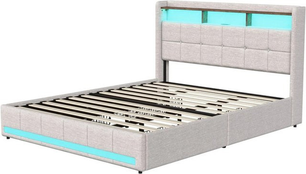 PXloue Polsterbett mit 4 Schubladen, LED und USB, Regal-Kopfteil, Beige, B/T/H: 180 x 200 x 148 cm