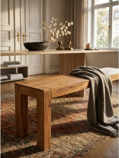 Esszimmerbank MUMBAI von KADIMA DESIGN aus Massivholz Akazie in Braun, Landhausstil, B/T/H: 120 x 35 x 45 cm - Bild 1