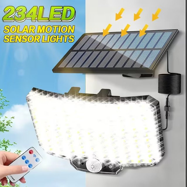 XIWANGFIRE Solar-Flutlicht mit 234 LED, IP65 wasserdicht, Bewegungssensor und Fernbedienung, Schwarz - Bild 1