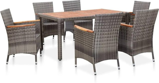 vidaXL 7-tlg Garten-Essgruppe aus Poly Rattan in Grau mit Akazienholz-Elementen - Bild 1