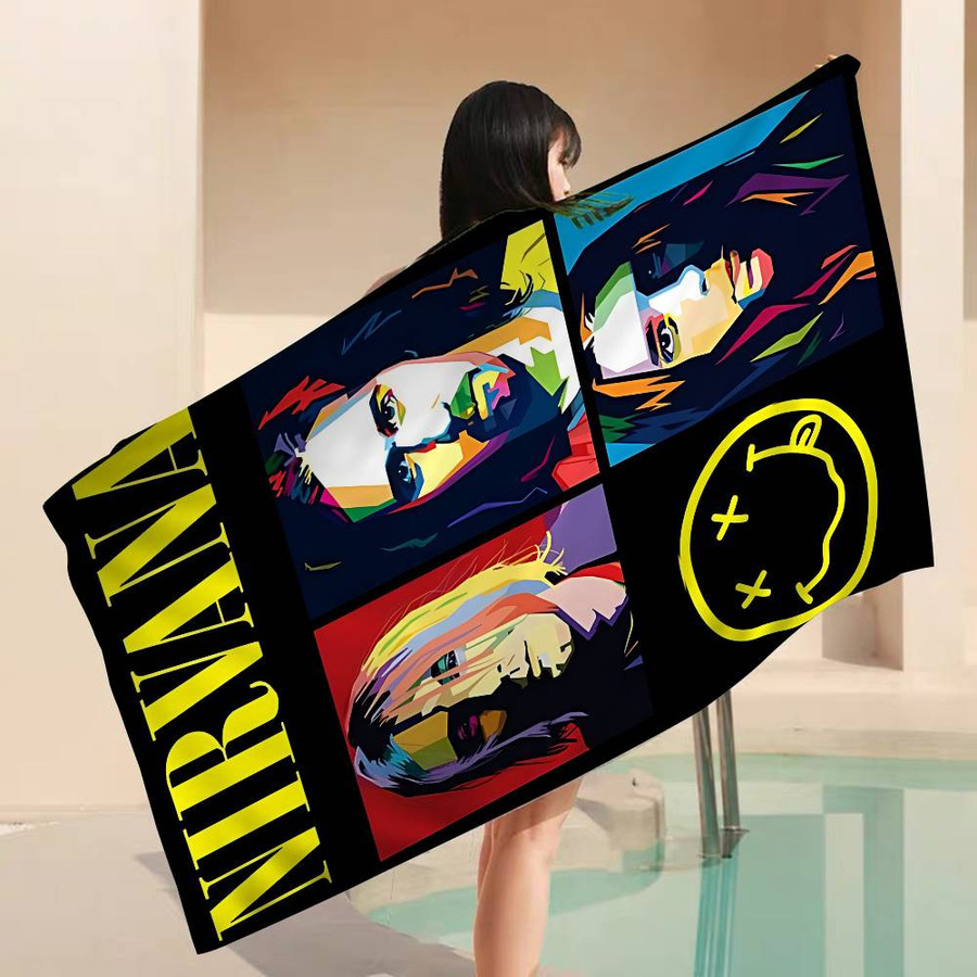 Nirvana Kurt Cobain Kinder Strandtuch mit Cartoon-Motiv aus Mikrofaser und Polyester, B/B: 50 x 100 cm, Mehrfarbig - Bild 1