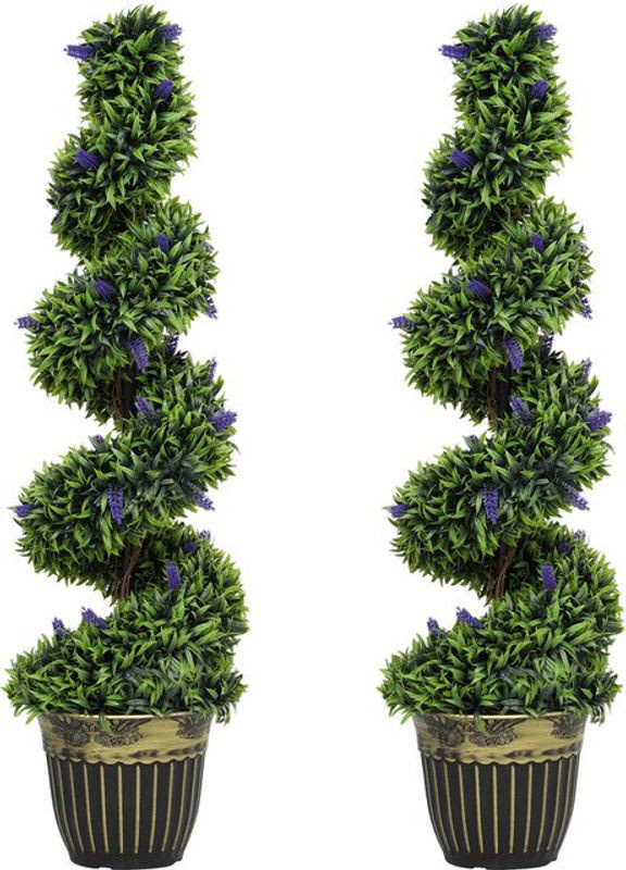 2er Set HOMCOM Künstliche Spiral-Buchsbaum Pflanzen mit Lavendel in Betonoptik, Höhe: 115 cm, Grün und Blau - Bild 1