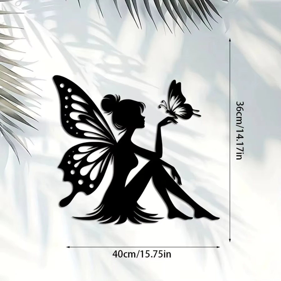 CIFBUY Moderne Metall-Wandkunst Fairy und Schmetterlinge in Schwarz, lasergeschnittene Dekoration für Innenbereich und Außenbereich, B/H: 40 x 40 cm - Bild 3