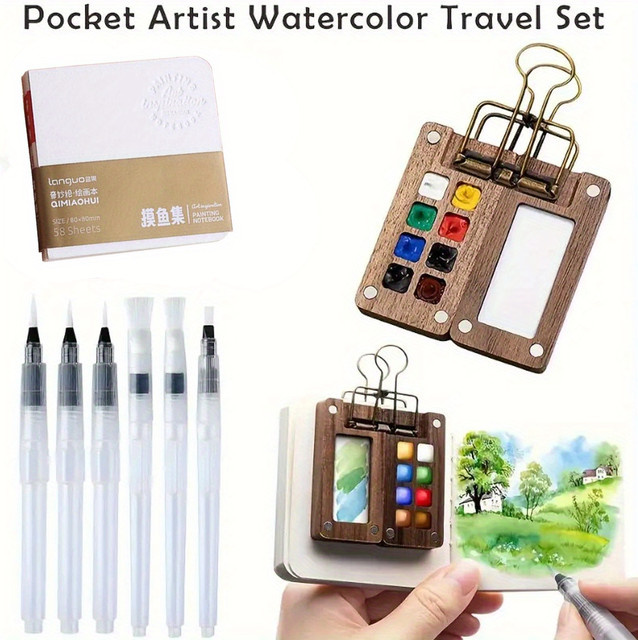 Professionelles Pocket Artist Aquarell-Set aus Holz in Braun mit 9-teiliger magnetischer Palettenschachtel, 6 Pinseln, Clip und Skizzenbuch - Bild 1