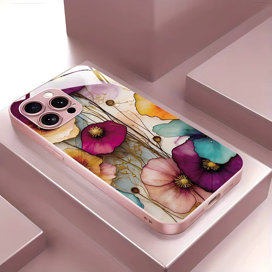 Handyhülle aus gehärtetem Glas mit Blumenmuster für iPhone 11 bis iPhone 17 Pro Max in Multicolour - Bild 2