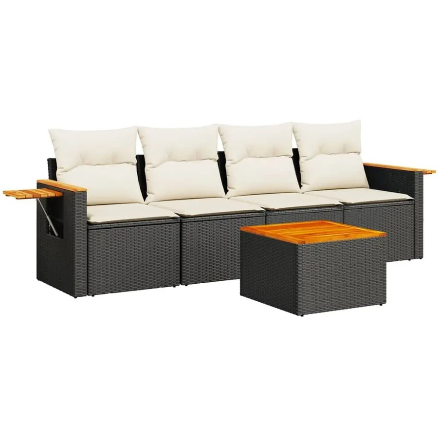 vidaXL 5-teilige Garten-Sofagarnitur aus Poly-Rattan und Akazienholz in Schwarz mit Kissen und Tisch - Bild 2