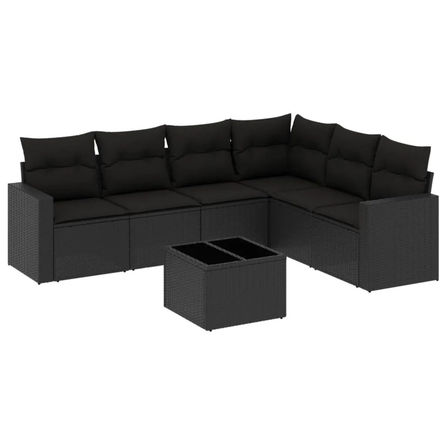 vidaXL 7-teilige Garten-Sofagarnitur in L-Form aus schwarzem Poly-Rattan mit Kissen und pulverbeschichtetem Stahlgestell - Bild 2