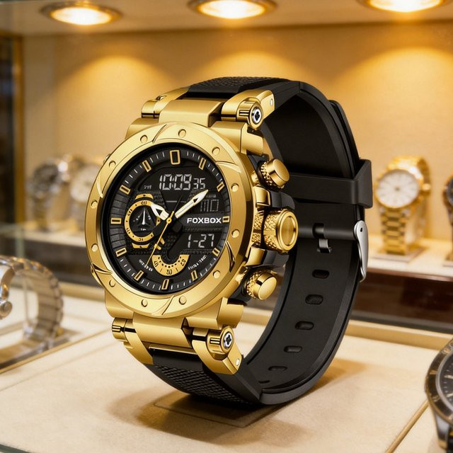 FOXBOX Armbanduhr Chronograph, Quarz, Leder, Herren, Schwarz, Gold - Bild 1