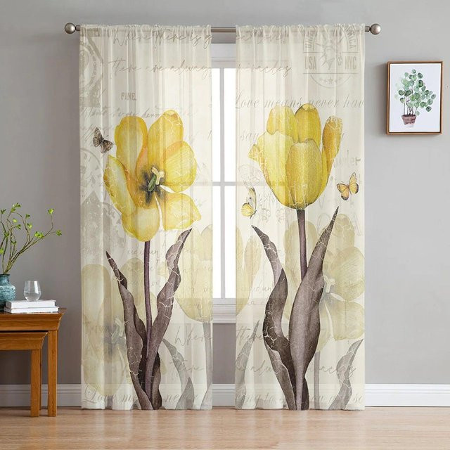 A Family Of Home Textiles Transparentes Voile Tüll Vorhang mit Tulpen Blumen und Schmetterlingen in Multicolour, B: 135 cm, H: 114 cm - Bild 1