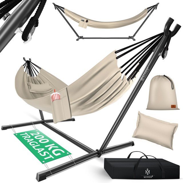 KESSER Doppelhängematte LAKE mit Gestell für 2 Personen, XXL Hängesessel aus Baumwolle und Polyester inklusive Kissen, Belastbarkeit 200 kg, für Indoor und Outdoor - Bild 1