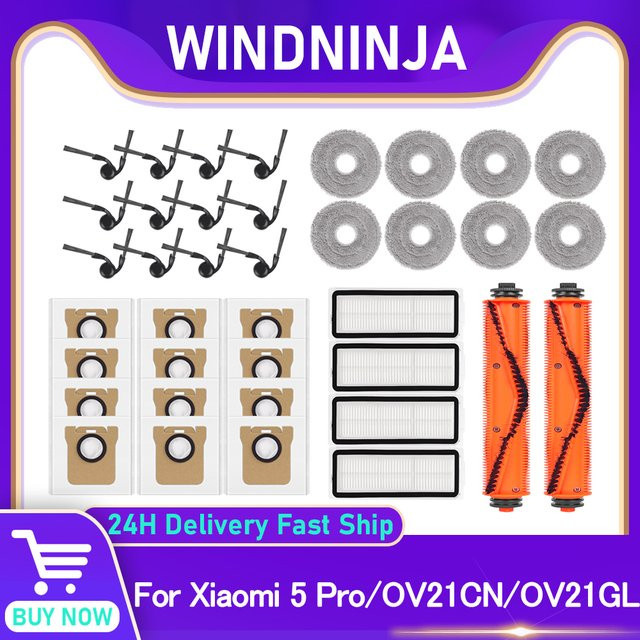 WINDNINJA Zubehör-Set für Xiaomi Mi Robot Vacuum S5 Pro mit Mopp-Tuch, Hauptbürste, Seitenbürsten, HEPA-Filter und Staubbeuteln in Multicolour - Bild 1