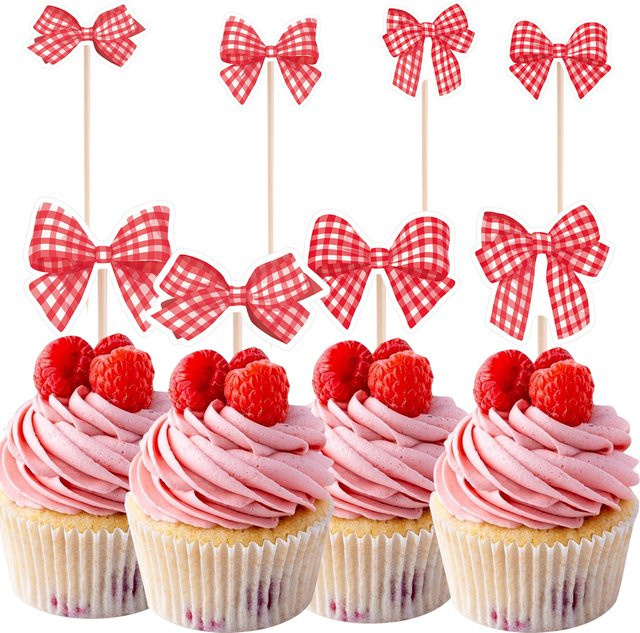 24er Set Rote Schleife Cupcake Topper im Plaid-Design für Hochzeit, Geburtstag und Valentinstag als DIY Party Dekoration - Bild 1