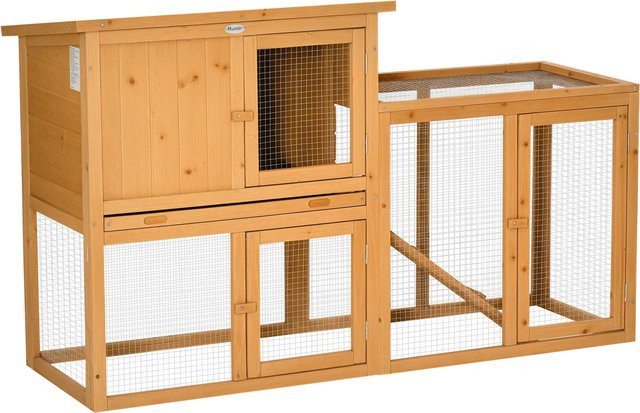PawHut Kaninchenstall Kleintierstall aus Tannenholz mit Rampe und herausnehmbarer Bodenwanne, Farbe: Orange, B/T/H: 141 x 60 x 86 cm - Bild 1