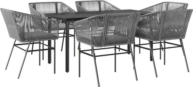 vidaXL 7-teilige Garten-Essgruppe aus Poly Rattan mit Glasplatte und Kissen in Grau - Bild 1