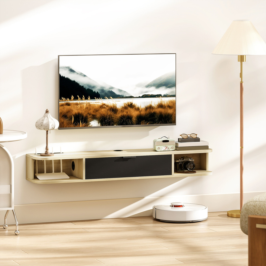 Hängendes TV-Möbel HOMCOM in Schwarz und Naturholz-Optik mit Klappschublade und Kabeldurchführung, Breite: 120 cm - Bild 2