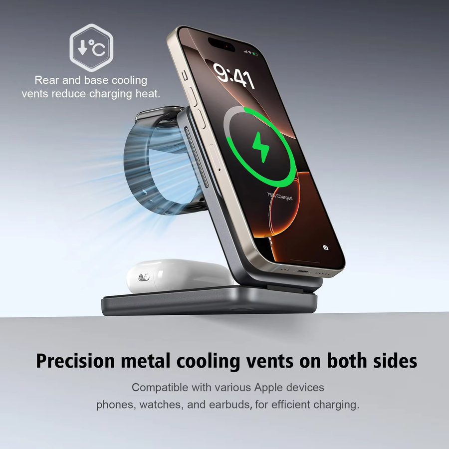 XIKCU 3-in-1 Magnetische Kabellose Ladestation für iPhone 12 bis 17, Apple Watch und AirPods Pro, Faltbarer Desktop-Ständer, Farbe: Silber - Bild 4