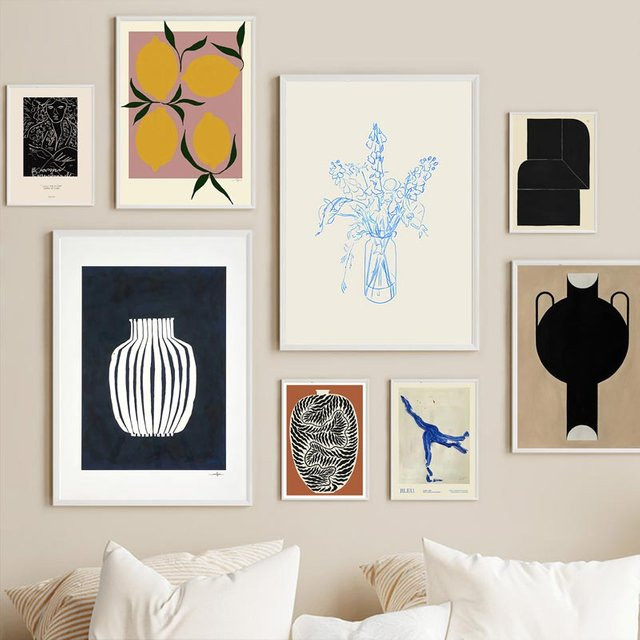 Potdemiel Wandbild Abstract Line Zitrone Blume Vase Nordic Leinwand Kunstdruck Mehrfarbig - Bild 1