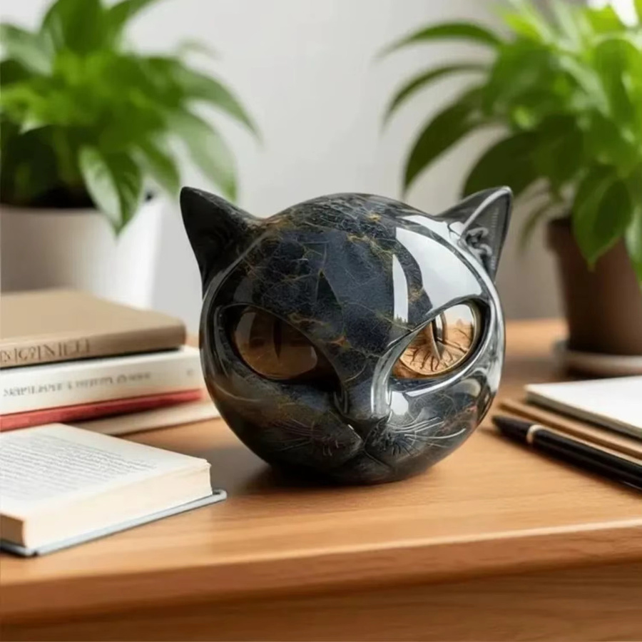 Handgeschnitzte Katzenkopfstatue von CrystalHola in Schwarz mit Marmorstruktur aus Kunstharz - Bild 4