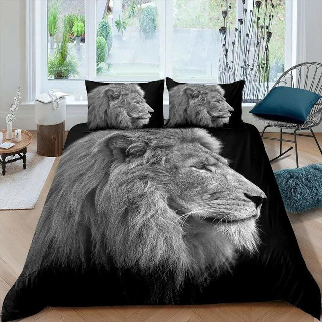 Bettwäsche-Set Schwarzer Löwe mit Tierdruck, 3-teilig aus Mikrofaser, Farbe Schwarz, B/H: 135 x 200 cm - Bild 1