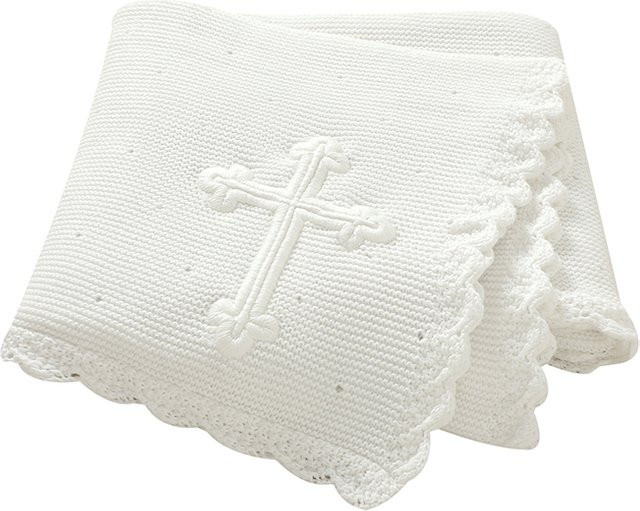 Mimixiong Baby-Taufdecke aus Baumwolle, weiß, weich gestrickt, B/T: 100 x 80 cm - Bild 1