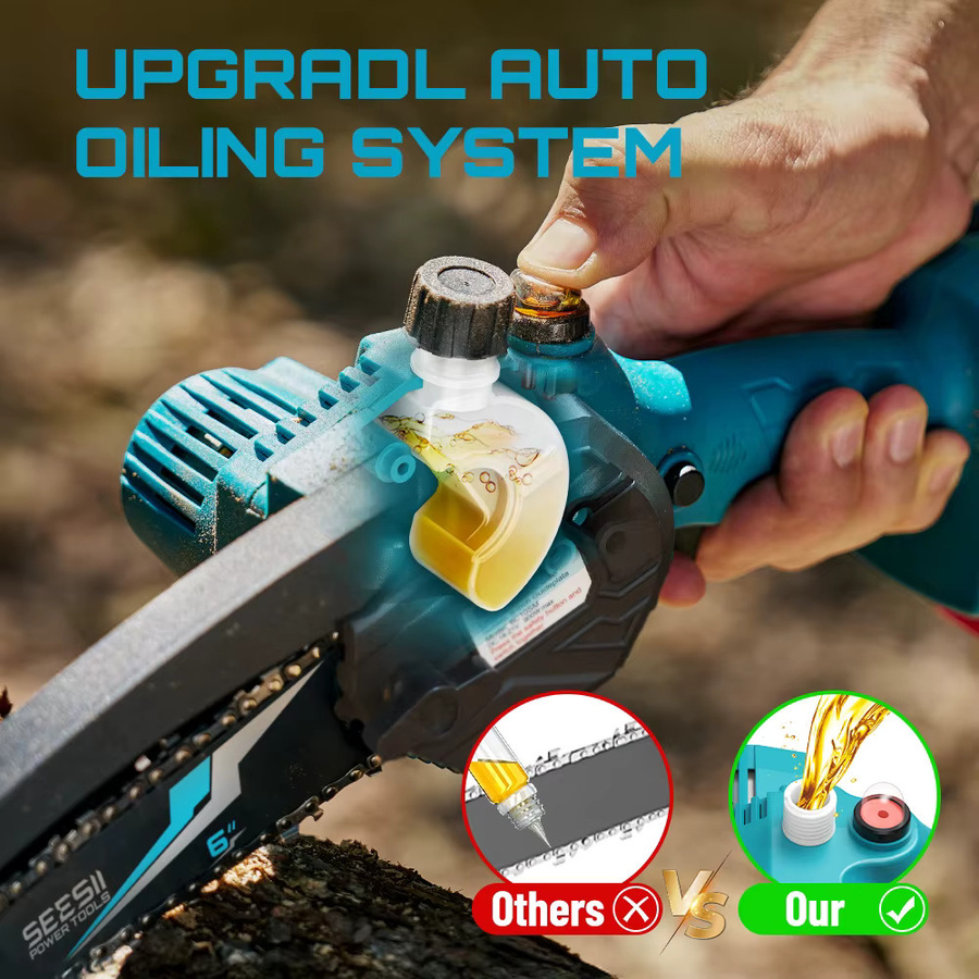 Seesii Akku-Mini-Kettensäge mit 8000 mAh Akku und automatischem Öler, blaue elektrische Gartensäge für Holzbearbeitung, kompatibel mit Makita 18 V LXT, 15,2 cm - Bild 3