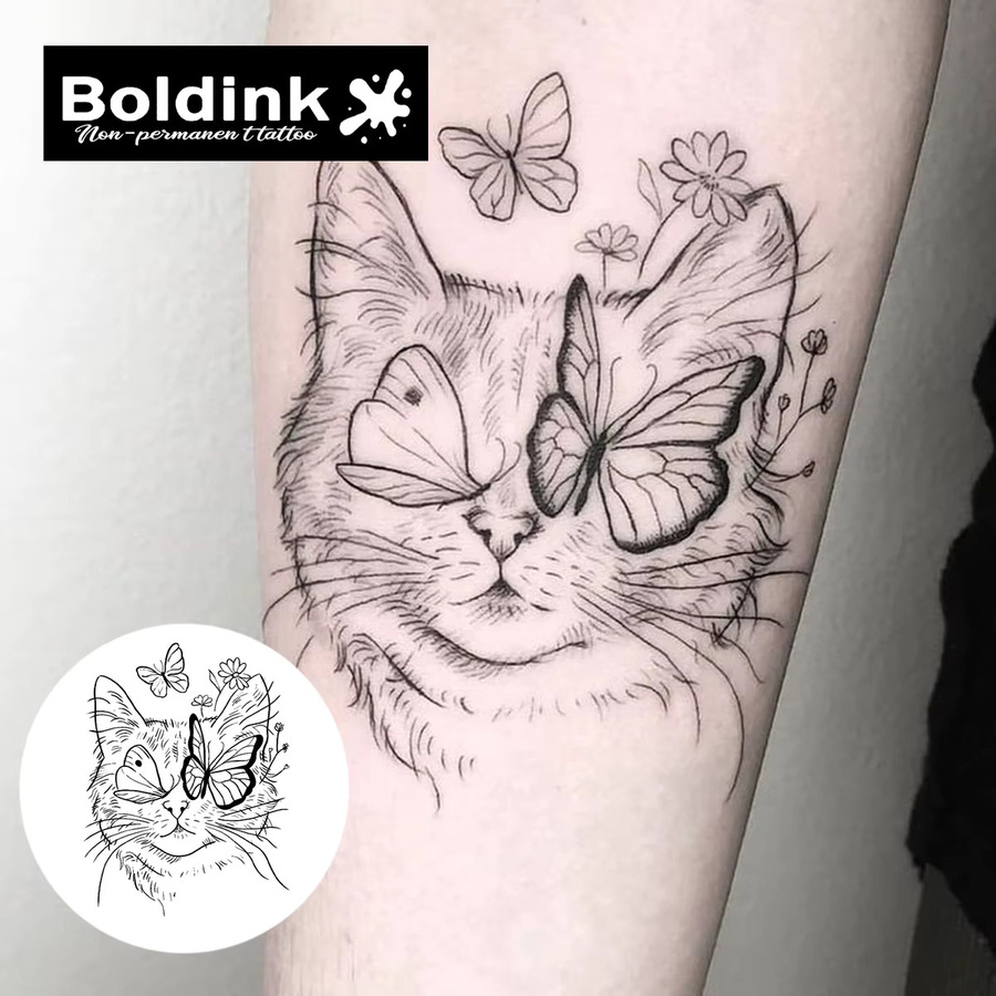 Boldink Temporäres Tattoo, Skurrile Katze und Schmetterlinge, Wasserfest - Bild 3