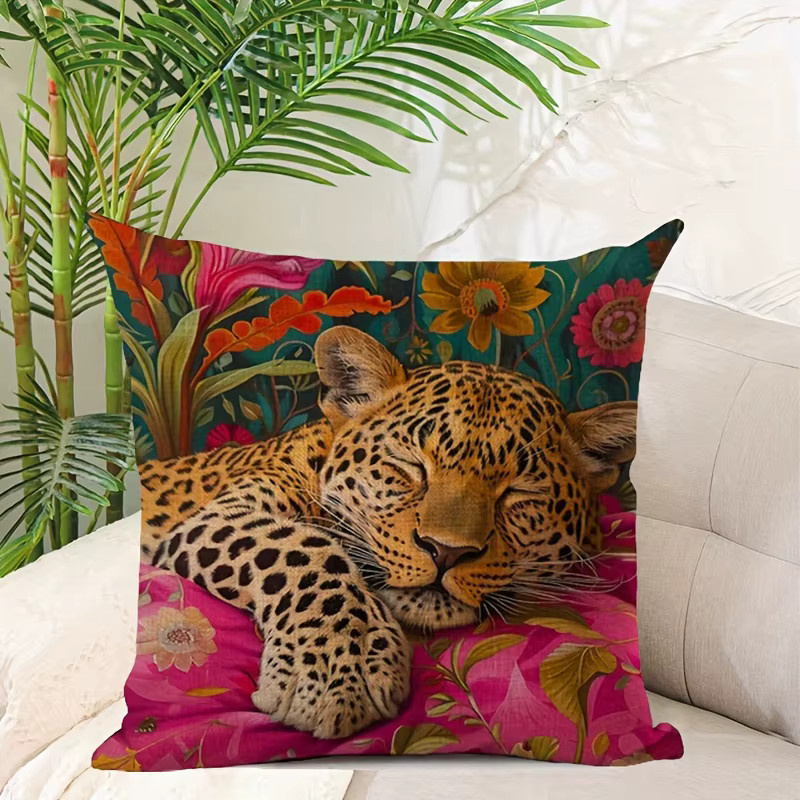 VIKAMA Kissenbezug aus Leinen mit floralem Leopardenmuster in Multicolour, quadratisch, Breite: 30 cm, Höhe: 30 cm - Bild 3