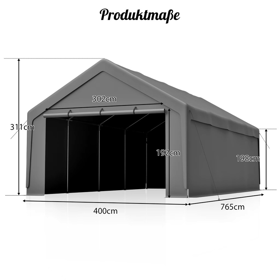 THANADDO Carport aus verzinktem Stahl mit PE-Abdeckung in Grau, tragbarer Garagenunterstand mit Giebeldach, wind- und UV-beständig - Bild 2
