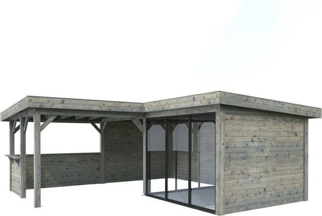 Palmako Pavillon Lenna Set 409 Slide in Grau aus Fichtenholz mit Alu-Schiebetüren, Eck-Tresenanlage und PZ-Schloss, B/T: 588 x 588 cm, FSC-zertifiziert und tauchgrundiert - Bild 1