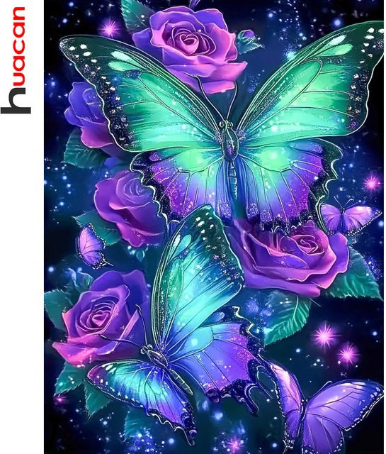 Huacan Diamond Painting Set Schmetterling und Blumen in Pink und Multicolour, 5D DIY Mosaik mit quadratischen Steinen zur Heimdekoration - Bild 1