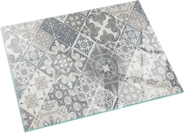 Tulup Glasplatte für Kamin mit dekorativem Mosaikmuster in Grau, B: 120 cm, H: 80 cm - Bild 1