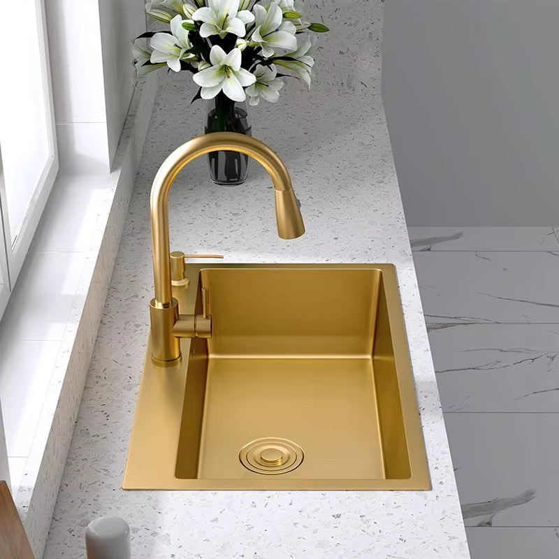 CKWS Küchenspüle aus Edelstahl 304 in Gold mit Einzelschüssel, Abtropffläche, Goldkorb und Seifenspender, rechteckig - Bild 2