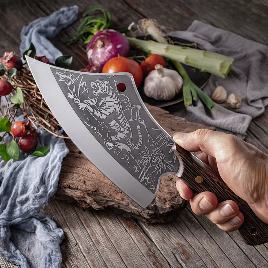 InLeung Handgemachtes Chinesisches Fleischmesser Cleaver aus Silber mit Holzgriff und Schutzhülle zum Schneiden von Fleisch, Gemüse und Fisch - Bild 2