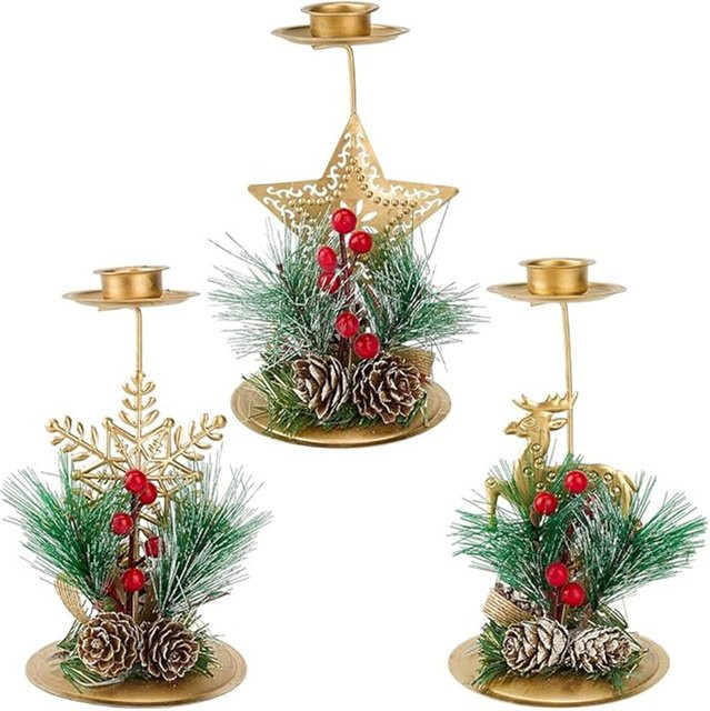 Untior Weihnachtskerzenhalter aus Metall in Gold mit roten Tannenzapfen und Schneeflocken-Design für die Tischdekoration zu Weihnachten, Hochzeiten und Silvester - Bild 1