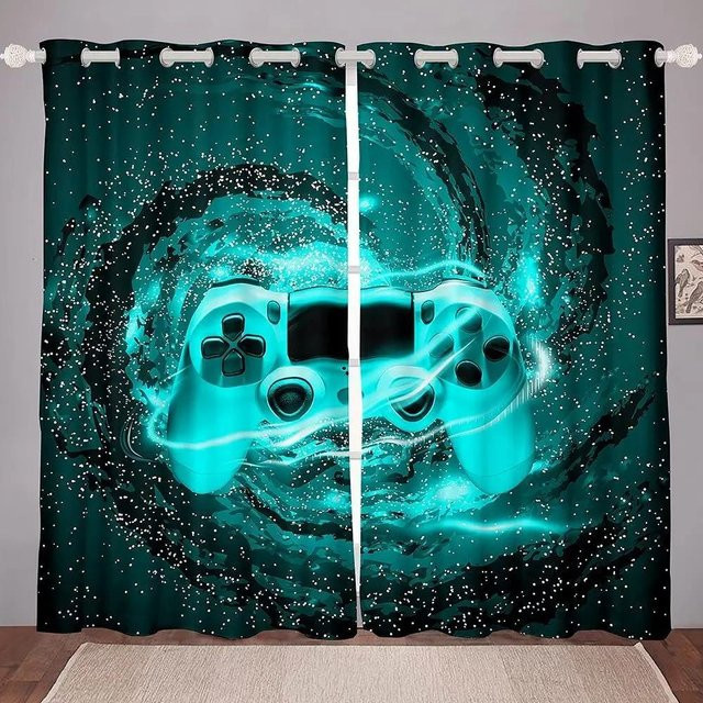 Yiran Furniture Gaming Vorhänge für das Kinderzimmer und Teenager Schlafzimmer, 2er Set in Türkis, Breite: 100 cm, Höhe: 240 cm, inklusive Haken - Bild 1