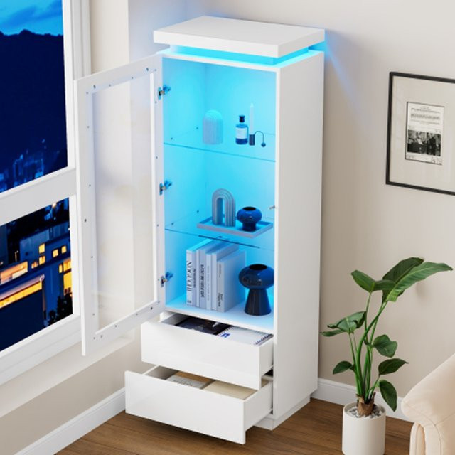 Hochglanz Vitrine Hochschrank mit LED-Beleuchtung und 2 Schubladen in Weiß, B/T/H: 60 x 40 x 171 cm - Bild 1