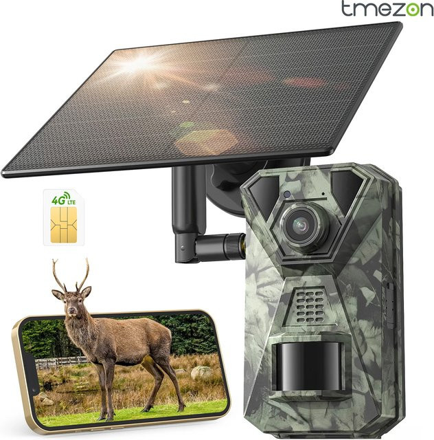 TMEZON 4G LTE Wildtierkamera mit Solarpanel und App-Übertragung, 2.7K Jagdkamera mit SIM-Karte, PIR-Bewegungssensor und Nachtsicht (ohne SD-Karte) - Bild 1